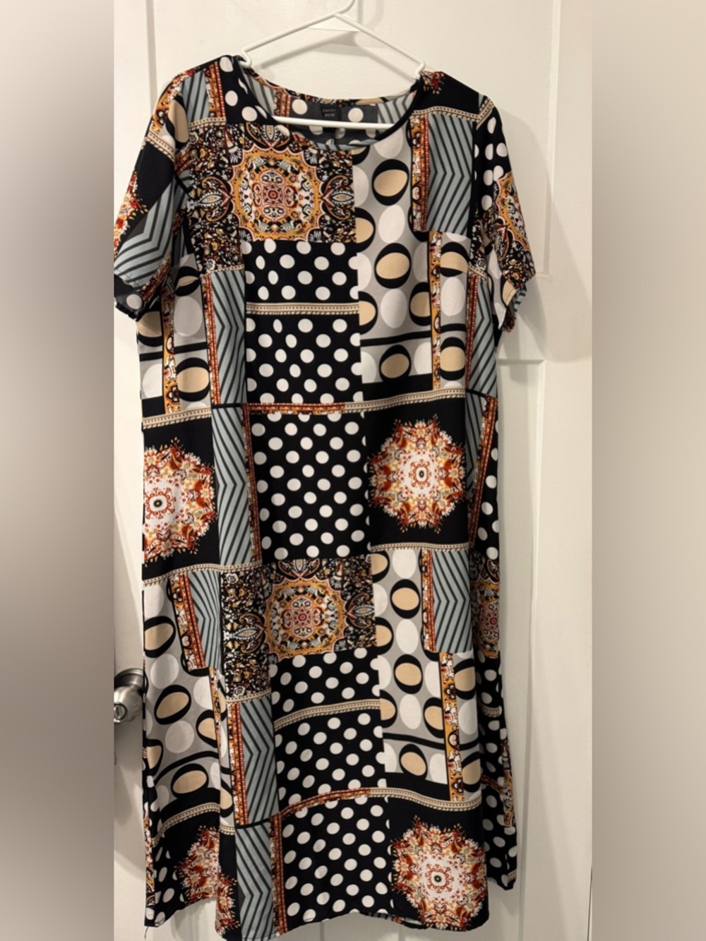 Patchwork Print Midi Dress in Black, Cream & Gold